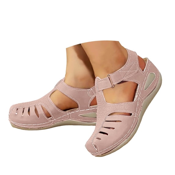 Modstep Closed Toe Summer Dressy Wedge Sandals for Women Hook and Loops Ankle Strap Slides Arch Support Hollow Out Walking Shoes Pink 7