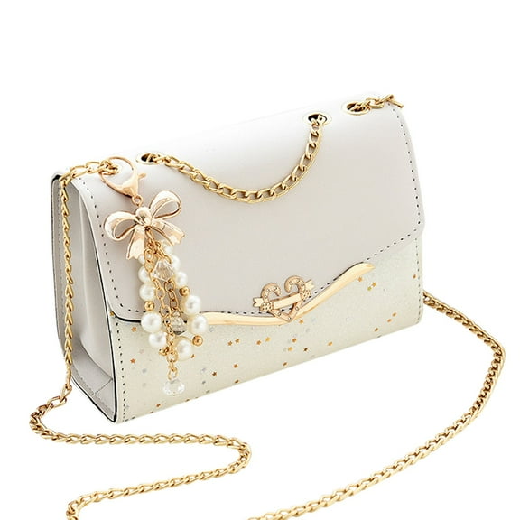 Modstep Clutch Purses for Women Bow Pendant Fashion Gold Chain Crossbody Shoulder Bags Leather Tote Satchel for Ladies Party White