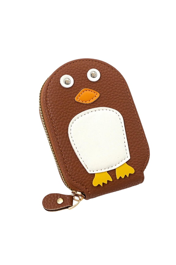 Credit Card Holder Wallet for Women Cute Penguin Shaped Small Leather Card Bag Portable Zip Coin Purses for Travel Shopping Brown
