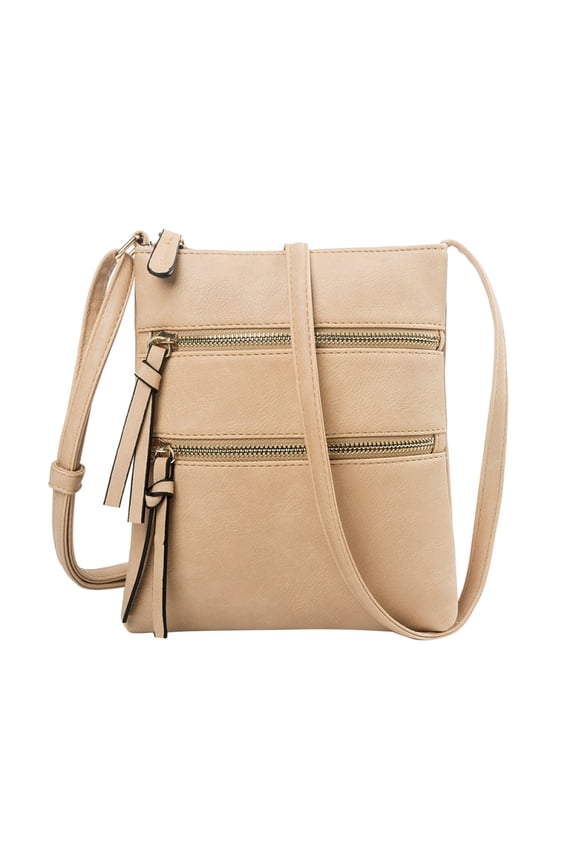 Crossbody Purses for Women Leather Multi Zip Pocket Shoulder Bags Adjustable Strap Tassel Phone Handbag Khaki