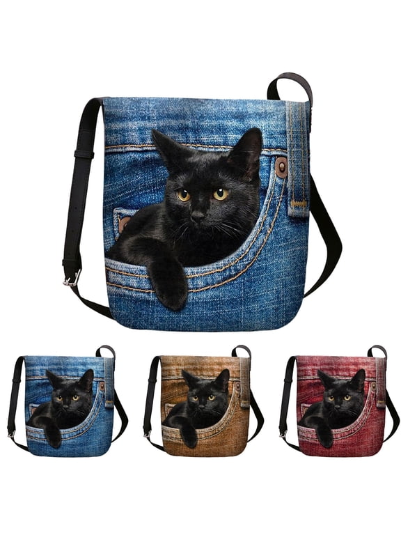 Crossbody Tote Bags for Women Cute Cat Printing Zipper Shoulder Purse Fashion Ladies Weekend Shopping Underarm Bags Red