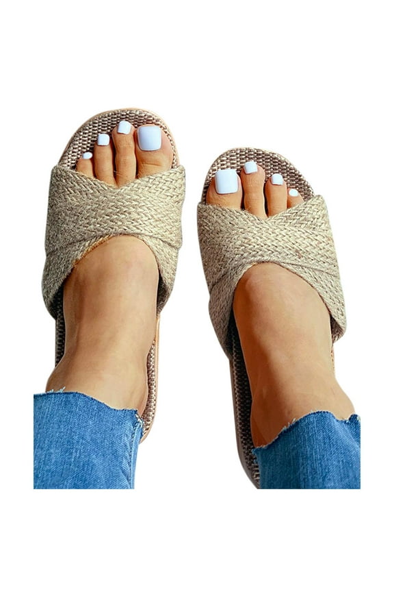 Espadrilles Flat Sandals for Women Open Toe Indoor Comfortable Slippers Ladies Vacation Crochet Beach Slip on Slides Brown 10