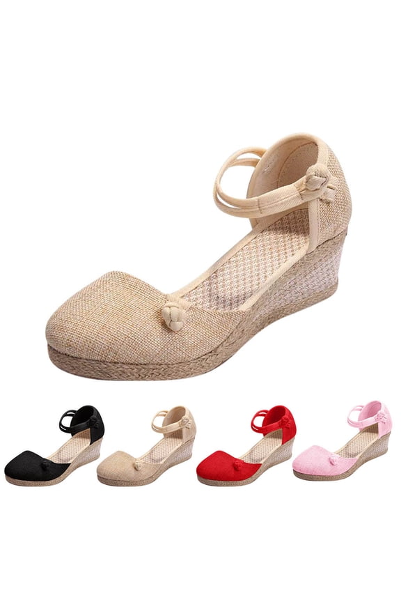 Espadrilles Platform Wedge Sandals for Women Closed Toe Ankle Strap Slides Arch Support Walking and Work Shoes Beige 7.5