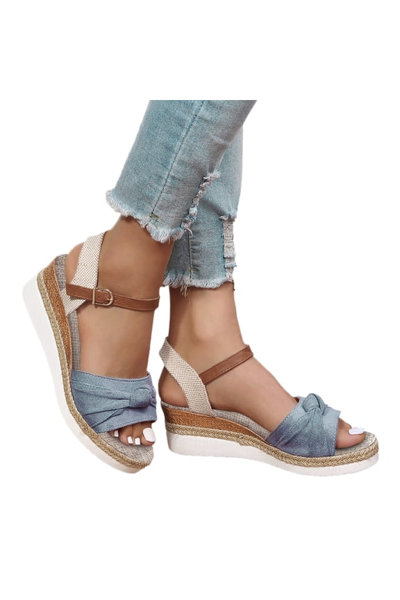 Espadrilles Wedge Sandals for Women Bow Platform Wedges Heels Slip on Slides Open Toe Ankle Strap Summer Work Shoes Grey 9
