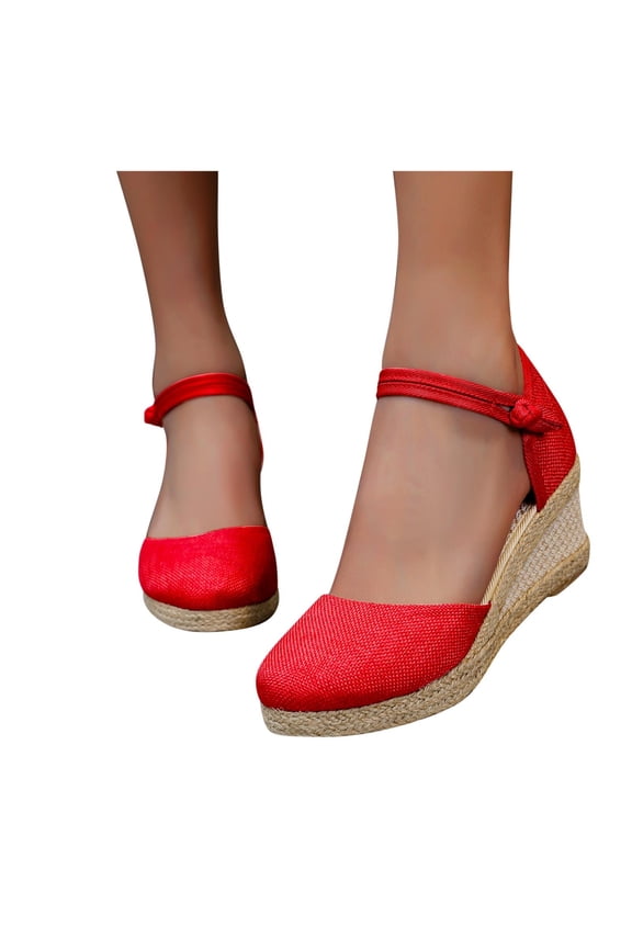 Espadrilles Wedge Sandals for Women Closed Toe Arch Support Platform Slide Shoes Summer Outdoor Sandal with Ankle Strap Red 8