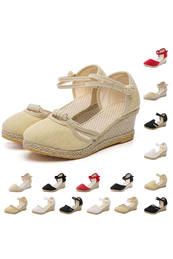 Espadrilles Wedge Sandals for Women Orthopedic Platform Wedges Walking Shoes Summer Closed Toe Casual Slides Beige size 6.5