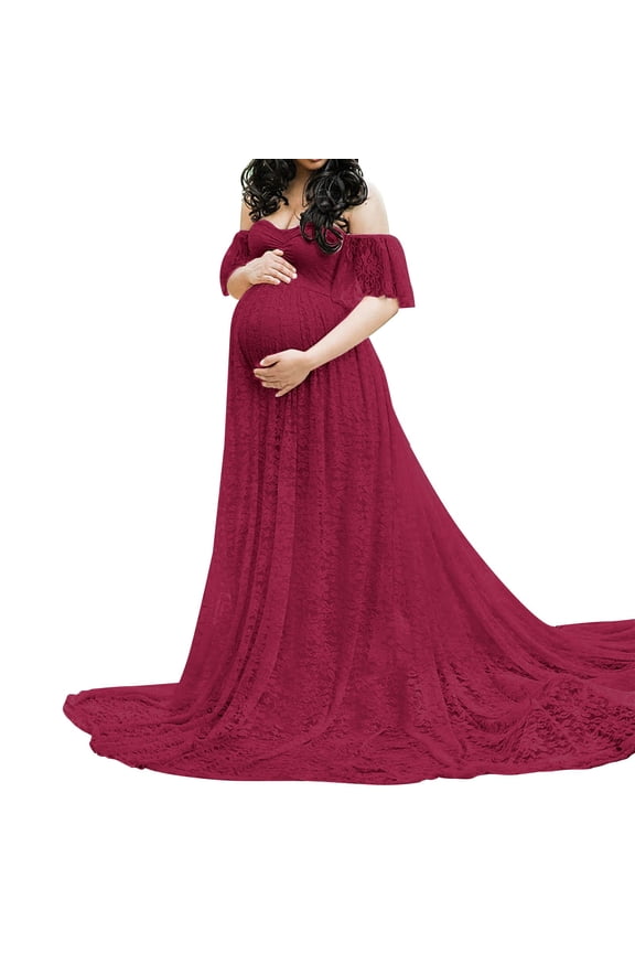 Fashion Dress for Women Lace Off Shoulder Maternity Skirt Stretchy Pregnancy Maxi Gown for Photoshoot Red L