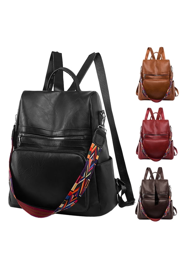 Fashion Leather Backpack for Women Detachable Wide Strap Crossbody Purse Stylish College Schoolbag Travel Shopping Daypack Black
