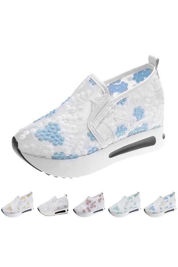 Fashion Sneakers for Women 2026 Floral Embroidery Breathable Lace Walking Shoes Summer Slip on Platform Wedge Sandals Blue 7