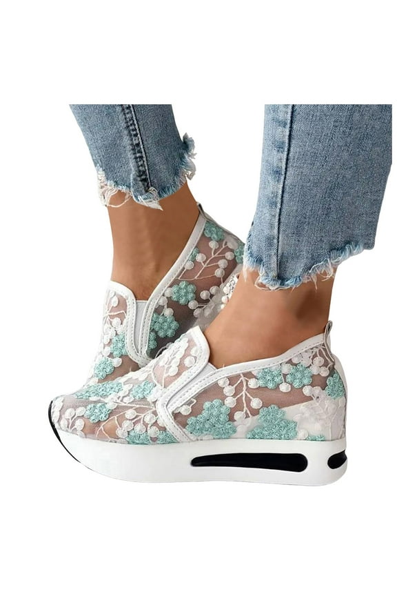 Fashion Sneakers for Women 2026 Floral Embroidery Breathable Lace Walking Shoes Summer Slip on Platform Wedge Sandals Green 9