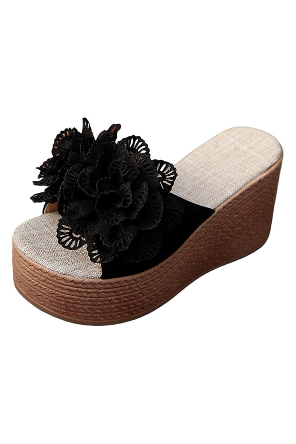 Flower Platform Wedge Sandals Espadrille Heel Slip on Summer Slides Wide Width Casual Dress Wedges Walking Shoes size 7 Black