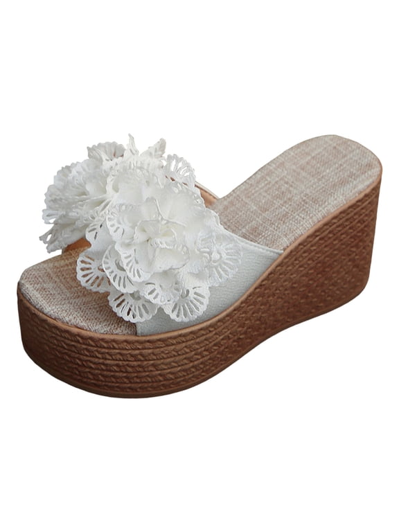 Flower Platform Wedge Sandals Espadrille Heel Slip on Summer Slides Wide Width Casual Dress Wedges Walking Shoes size 7 White