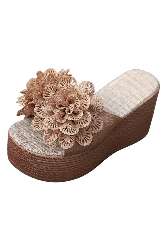 Flower Platform Wedge Sandals Espadrille Heel Slip on Summer Slides Wide Width Casual Dress Wedges Walking Shoes size 8 Brown