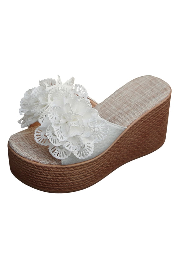 Flower Platform Wedge Sandals Espadrille Heel Slip on Summer Slides Wide Width Casual Dress Wedges Walking Shoes size 9.5 White