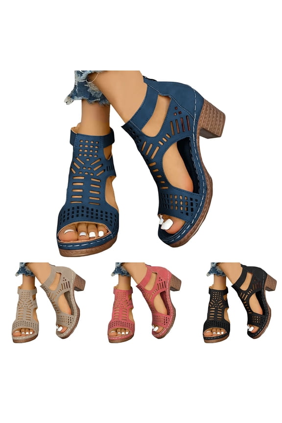 Heeled Sandals for Women Open Toe Chunky Heels Bohemian Cutout Wedge Summer Work Travel Ankle Bootie with Back Zip Beige 7.5