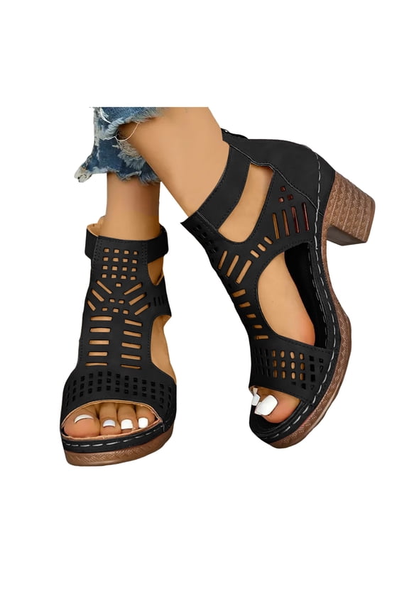 Heeled Sandals for Women Open Toe Chunky Heels Bohemian Cutout Wedge Summer Work Travel Ankle Bootie with Back Zip Black 8