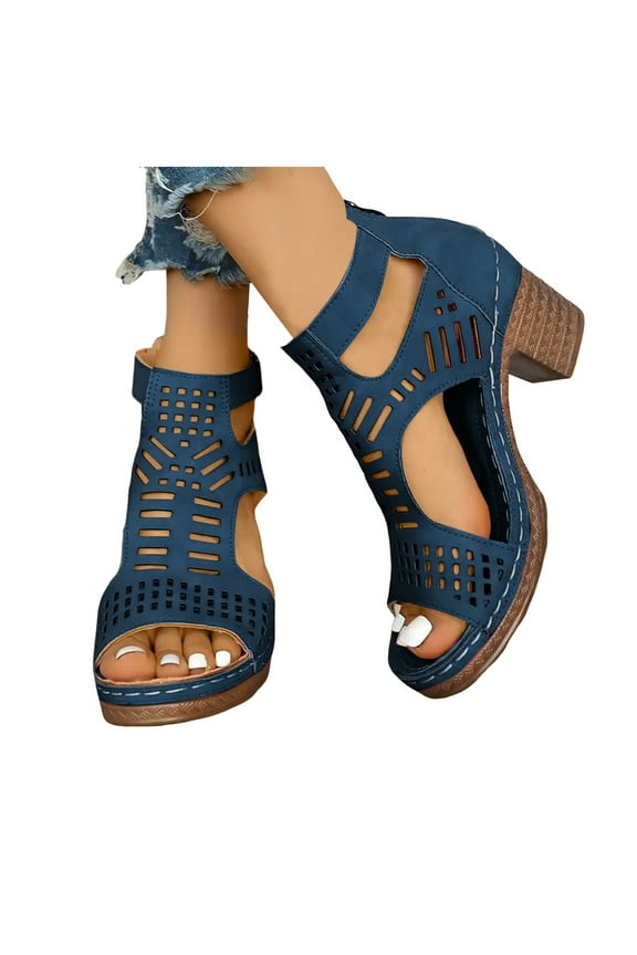 Heeled Sandals for Women Open Toe Chunky Heels Bohemian Cutout Wedge Summer Work Travel Ankle Bootie with Back Zip Blue 8