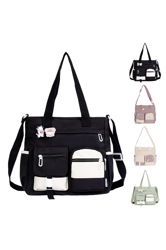 Large Canvas Crossbody Bag for Women Multiple Pocket Book Bag Cute College School Laptop Zip Tote Shoulder Purses Black