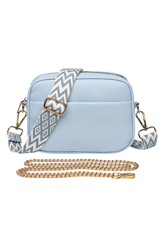 Leather Crossbody Purse for Women Detachable Wide Strap and Chain Zipper Shoulder Bags Ladies Work Phone Handbag Blue