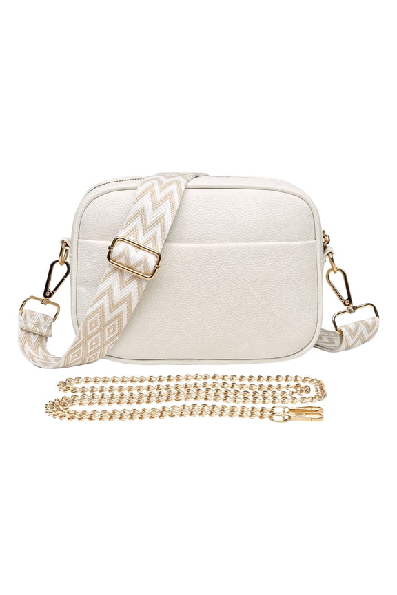 Leather Crossbody Purse for Women Detachable Wide Strap and Chain Zipper Shoulder Bags Ladies Work Phone Handbag White