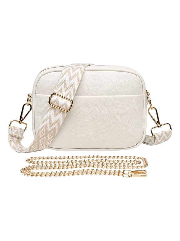 Leather Crossbody Purse for Women Detachable Wide Strap and Chain Zipper Shoulder Bags Ladies Work Phone Handbag White