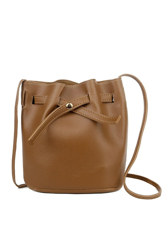 Leather Drawstring Purse for Women Fashion Bucket Shoulder Bags Small Work Travel Tote Handbag for Lady Brown