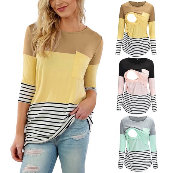 Modstep Long Sleeve Maternity Nursing Tops 2026 Spring Color Blocking Crew Neck Stretchy Breastfeeding Pullover Grey M