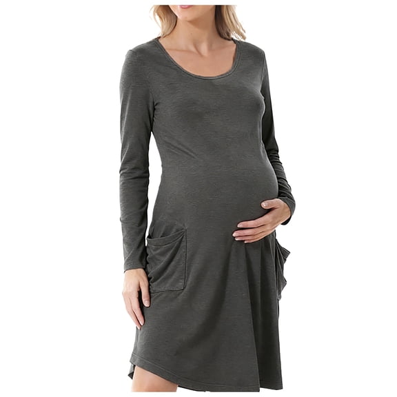 Modstep Maternity Dress Long Sleeve Nursing Gown Side Pockets Homewear Midi Dresses for Spring and Summer Sleep Gray L