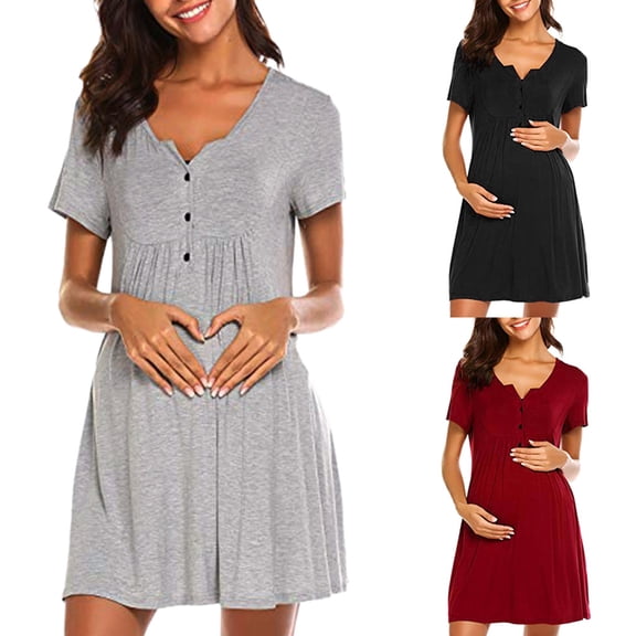 Modstep Maternity Nursing Dress for Women Button Nightgowns Short Sleeve Crew Neck Breathable Loungewear for Summer Sleep Grey XL