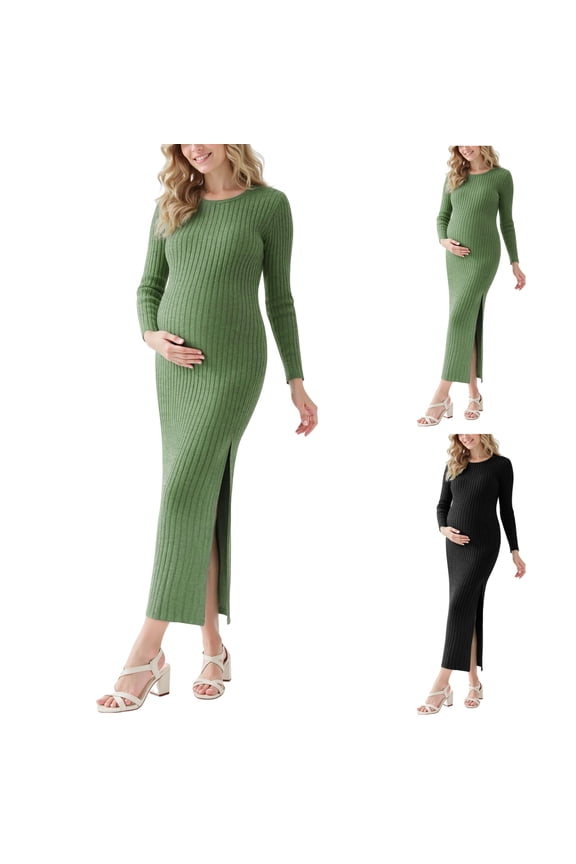 Maternity Sweater Dress for Women Ribbed Knit Long Sleeve Crew Neck Pregnant Clothes with Side Slit for Fall Winter Black L