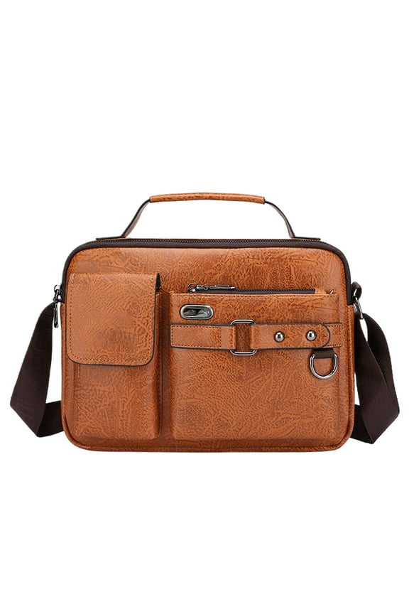 Men's Crossbody Bag Waterproof Leather Briefcase Multiple Pockets Shoulder Purses Versatile Work Business Computer Bags Brown