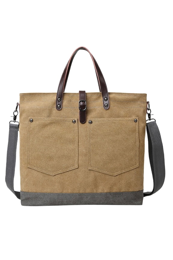 Men's Retro Canvas Tote Bag External Pockets Women Large Capacity Crossbody Handbag Leather Top Handle Briefcase Brown