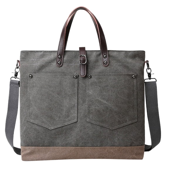 Modstep Men's Retro Canvas Tote Bag External Pockets Women Large Capacity Crossbody Handbag Leather Top Handle Briefcase Grey