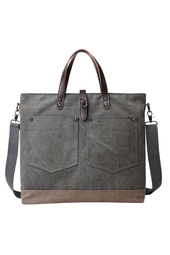 Men's Retro Canvas Tote Bag External Pockets Women Large Capacity Crossbody Handbag Leather Top Handle Briefcase Grey