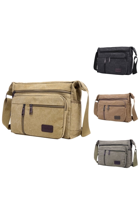 Mens Crossbody Bags Medium Canvas Tote Shoulder Purse Multiple Zipper Pockets Students Bookbag Portable Travel Handbag Black