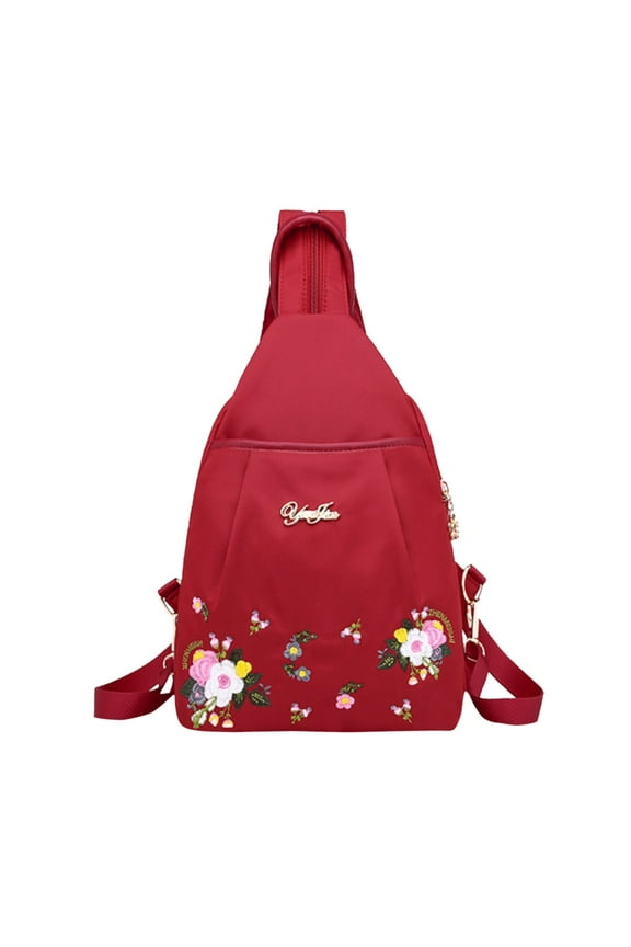 Mini Backpack Purse for Women Embroidery Flower Zipper Schoolbag Detachable Strap Shoulder Bags Top Handle Daypack Red