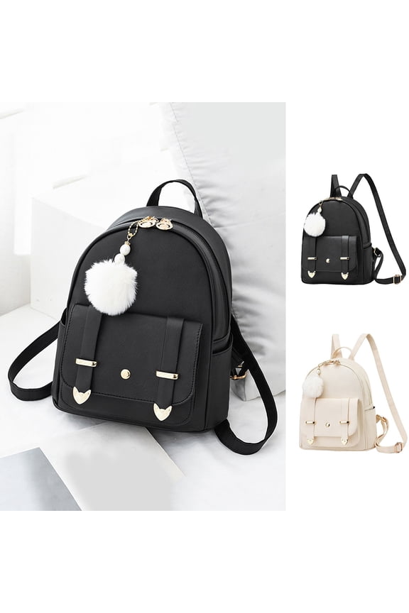 Mini Backpack for Women Fashion Small Ladies Cute Daypack Leather Cloth College Bookbag with Plush Pendant Black