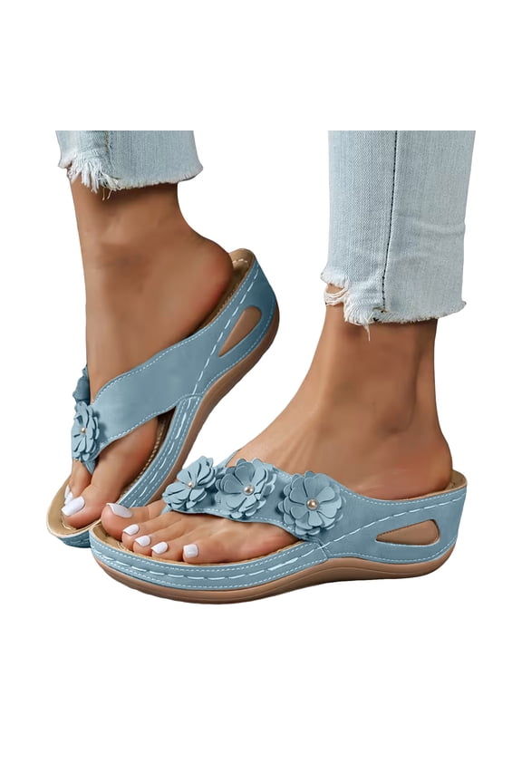 Orthopedic Flowers Wedge Women Sandals with Arch Support Summer Beach Wide Width Slides Indoor Outdoor Walking Shoes size 7.5 Blue