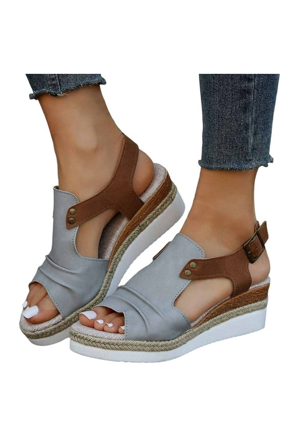 Orthopedic Platform Wedge Sandals for Women Summer Open Toe Leather Ankle Strap Slides Espadrilles Low Heels Shoes Grey 7