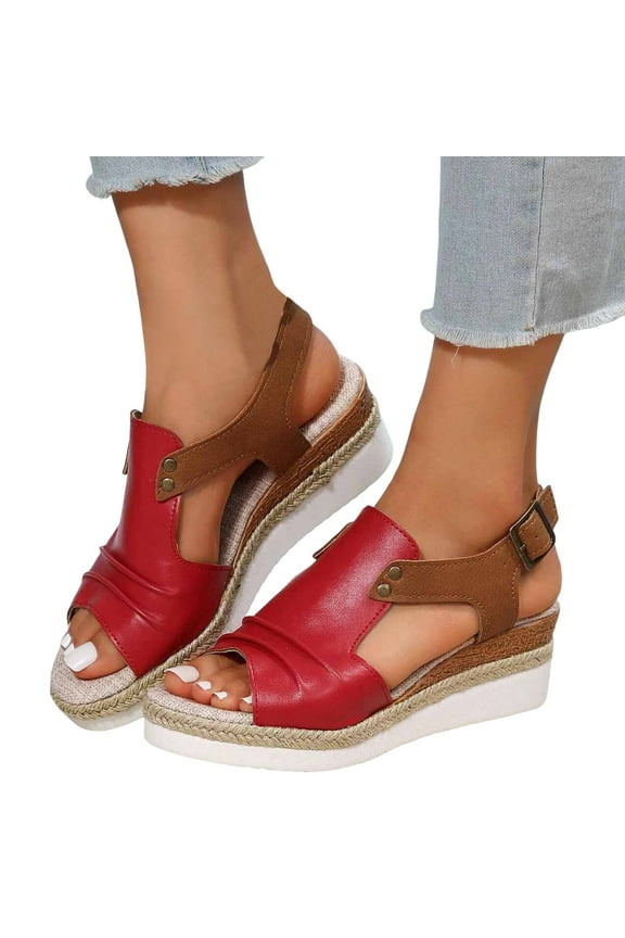 Orthopedic Platform Wedge Sandals for Women Summer Open Toe Leather Ankle Strap Slides Espadrilles Low Heels Shoes Red 7.5