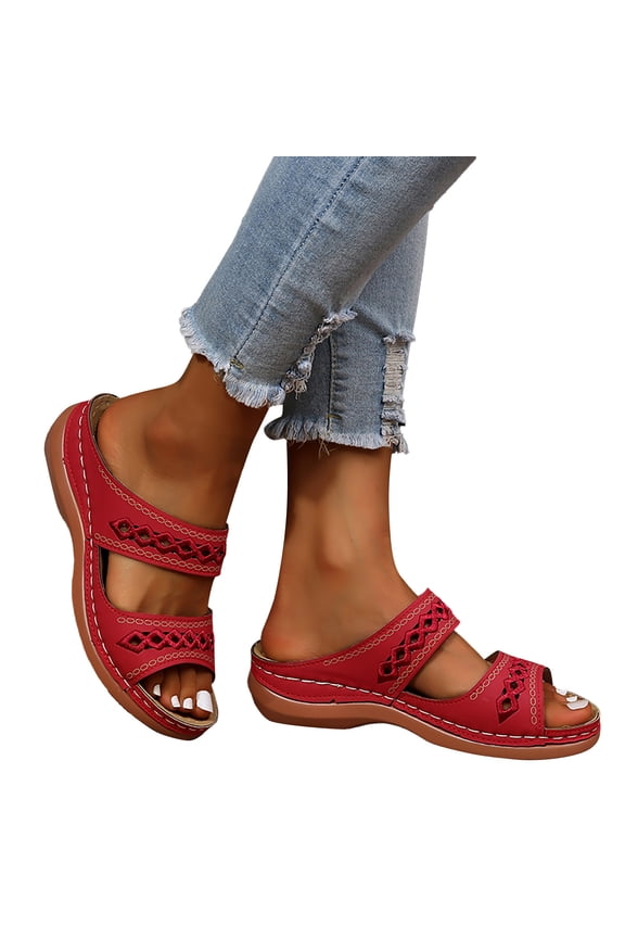Orthopedic Sandals for Women 2026 Arch Support Wedge Slides Hollow Out Beach Slippers Rubber Sole Walking Shoes Size 8.5 Red