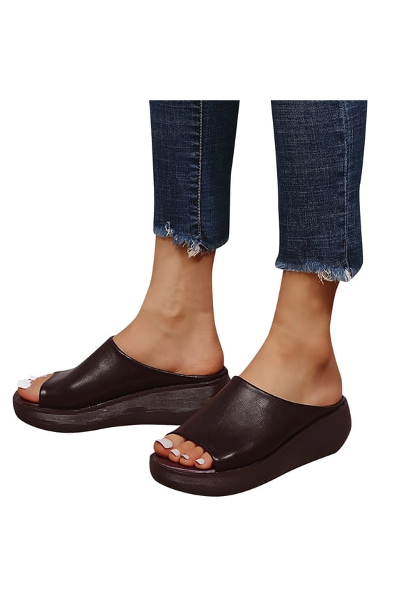 Orthopedic Sandals for Women 2026 Summer Comfortable Leather Wedges Slides Platform Heel Arch Support Slip on Sandal Brown 8