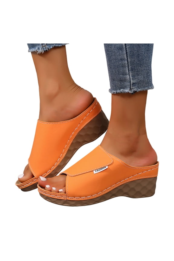 Orthopedic Sandals for Women Leather Wedge Walking Slides Dressy Platform Arch Support Open Toe Slip on Summer Shoes size 9 Orange