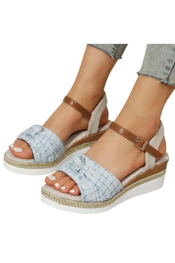 Orthopedic Sandals for Women Plaid Espadrilles Wedge Slip on Sandal Leather Ankle Strap Summer Work Daily Shoes Blue 8.5