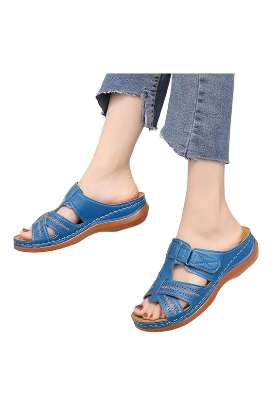 Orthopedic Wedge Sandals for Women Arch Support Shoes with Hook and Loops Outdoor Soft Rubber Platform Slip on Slides Blue 7