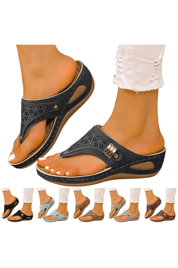 Orthopedic Wedge Sandals for Women Breathable Wide Width Beach Slippers Comfortable Platform Flip Flops Flat Shoes Black 6