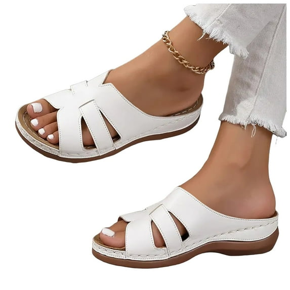 Modstep Orthopedic Wedge Sandals for Women Hollow Out Low Heel Non Slip Slide Shoes Wide Width Beach Slippers with Arch Support White 6.5