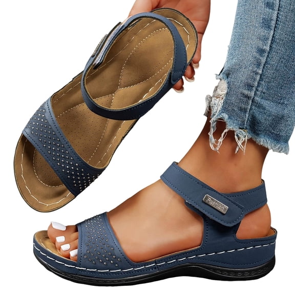 Modstep Orthopedic Women Wedge Sandals Hook and Loops Strap Walking Sandal Wide Width Open Toe Comfortabble Slide Shoes size 10.5 Blue