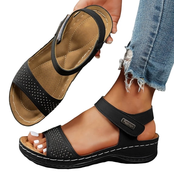 Modstep Orthopedic Women Wedge Sandals Hook and Loops Strap Walking Sandal Wide Width Open Toe Comfortabble Slide Shoes size 7 Black