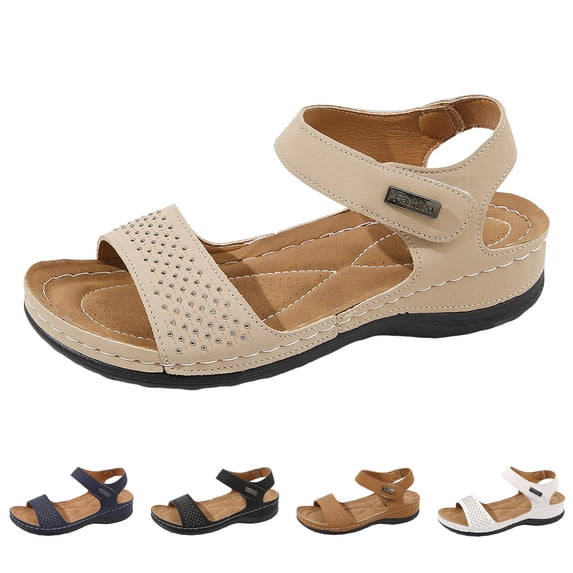 Modstep Orthopedic Women Wedge Sandals Hook and Loops Strap Walking Sandal Wide Width Open Toe Comfortabble Slide Shoes size 9 Beige